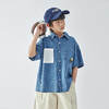 【代发】男童复古牛仔短袖衬衫 蓝汽水春夏复古全棉撞色口袋山系慵懒风亲子上衣蓝色 商品缩略图2