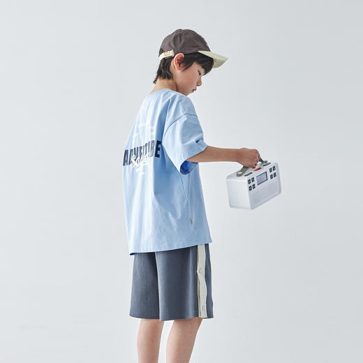 【代发】男童美式宽松短袖T恤 蓝汽水夏款全棉针织字母印花亲子款上衣蓝色/花灰 商品图2