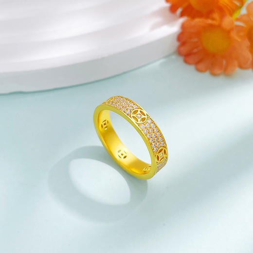 【限时克减150元】足金999 #招财纳福 古法空心镶嵌莫桑石招财铜钱图案腰缠万贯固口戒指(ANQGFJZ00061)（预售产品下单后不退款不退货不换货不补差价 商品图2