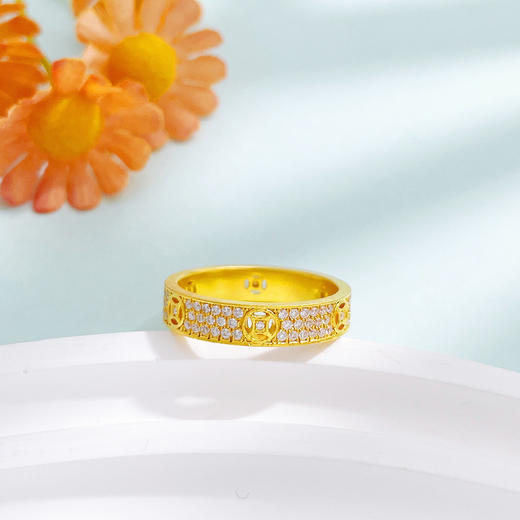 【限时克减150元】足金999 #招财纳福 古法空心镶嵌莫桑石招财铜钱图案腰缠万贯固口戒指(ANQGFJZ00061)（预售产品下单后不退款不退货不换货不补差价 商品图1