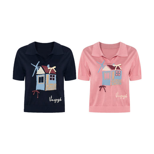 两三事梵高文艺糖屋环游2025夏季新款甜美polo领提花短款针织衫女 商品图4