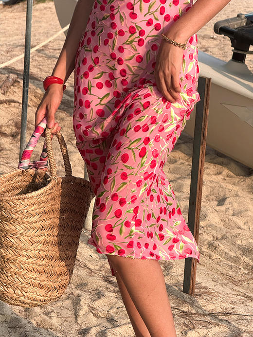 TR她热 致命女人 蓝色粉色丝绒烧花樱桃复古吊带辣妹显瘦连衣裙 蓝色L预售 商品图2