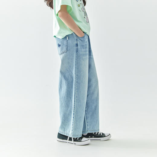 【代发】女款休闲牛仔裤 棵初春夏款蝴蝶结绣花口袋长裤儿童宽松亲子裤子蓝色 商品图3