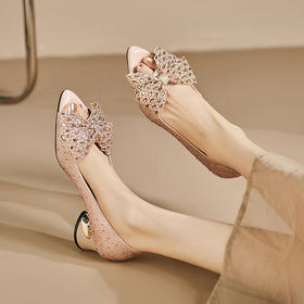 【预售5天】鱼嘴女鞋夏季新款镂空时尚水钻单鞋香槟色性感粗跟高跟鞋SY&2351