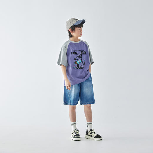 【代发】男童撞色插肩小狗短袖 蓝汽水夏季全棉针织趣味字母印花卡通白拼藏青/紫拼灰 商品图4