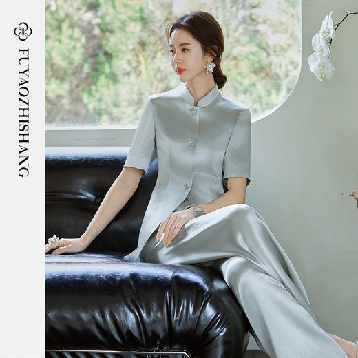 FUYAO扶摇 新中式国风套装女夏新款重磅醋酸立领西装直筒裤两件套 商品图1