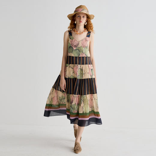谜底连衣裙无袖2025夏新品复古风度假欧根纱A型长吊带裙252ML0642 商品图0