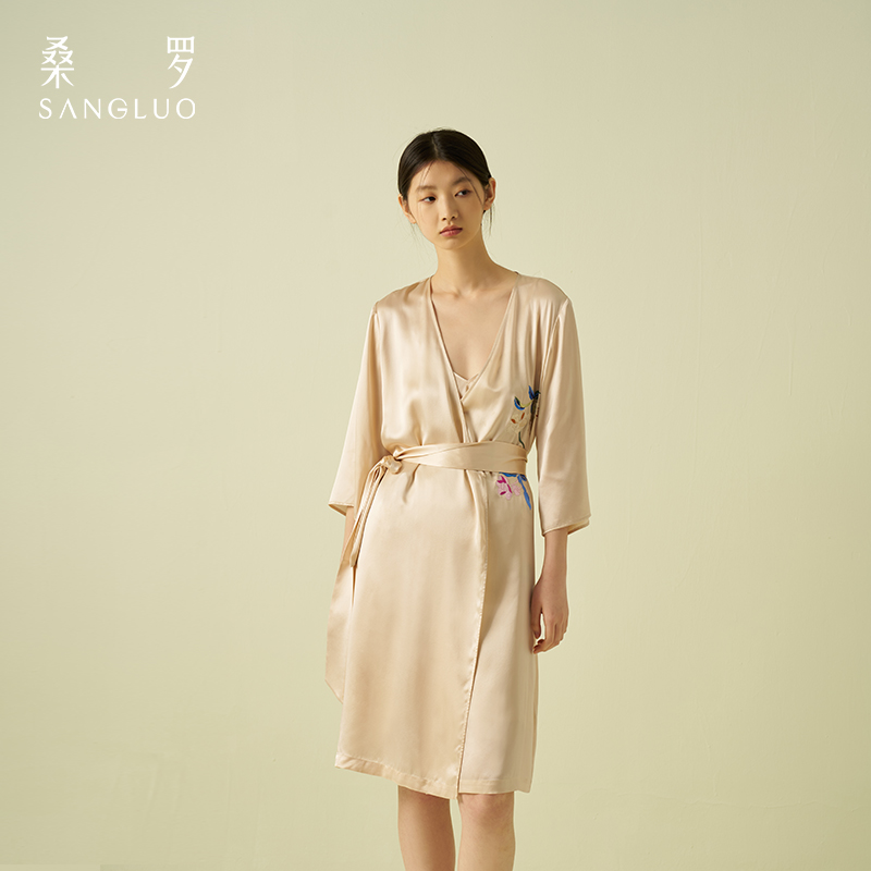 礼真丝刺绣睡袍SANGLUO桑罗春塑形显瘦系带浴袍桑蚕丝睡衣女
