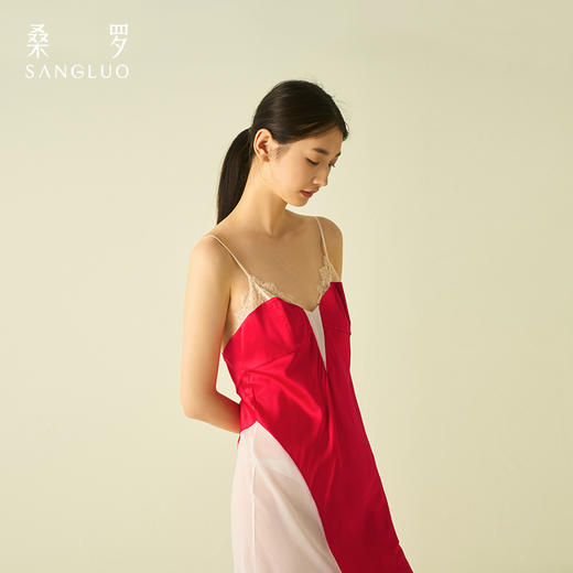 桑罗蕾丝拼接撞色吊带裙收腰派对礼服裙睡裙桑蚕丝 商品图1