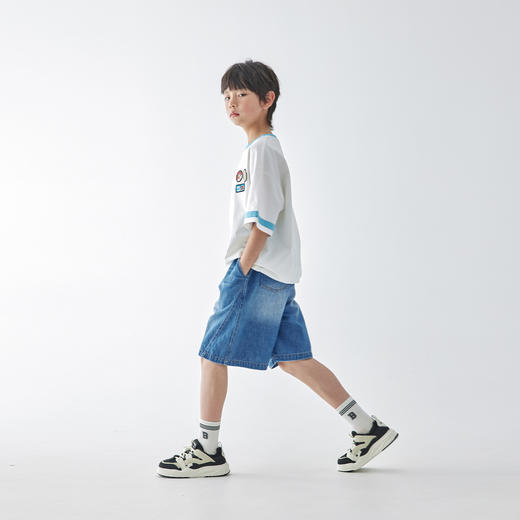 【代发】男童磨白牛仔五分裤 蓝汽水夏季水洗轻复古感侧缝插片拼接休闲短裤浅蓝色 商品图3