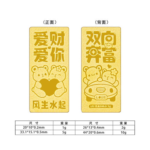 【限时克减128元】【2克】足金999.9 #520快乐 2g实心爱你爱财风生水起工艺金条双向奔富双熊捧爱心攒金金条（配亚克力盒）(AVJT00026-02)（预售产品下单后不退款不退货不换货不补差价 商品图0