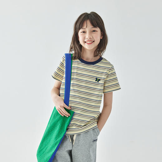 【代发】条纹短袖T恤 棵初春夏款童装女童蝴蝶刺绣柔软针织上衣粉彩条/米彩条 商品图4