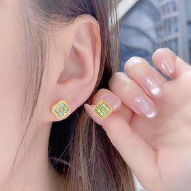 【限时克减150元】足金999 #低温珐琅 【精品】5G黄金实心春绿玑镂珐琅繁花花窗如意纹幸运草耳饰耳钉（配胶塞）(AU5GES00004)（预售产品下单后不退款不退货不换货不补差价