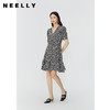 NEELLY纳俪商场同款夏新款黑白碎花连衣裙女短袖V领法式优雅长裙N25044Y14421 商品缩略图0