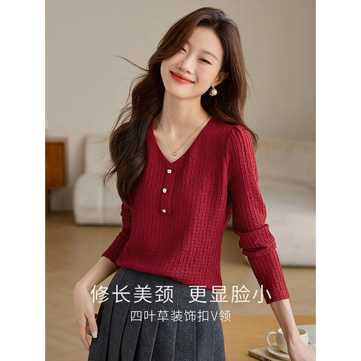 【专属特价】熙世界法式温柔风气质肌理雪纺衫长袖别致V领上衣2025秋季新款 商品图1