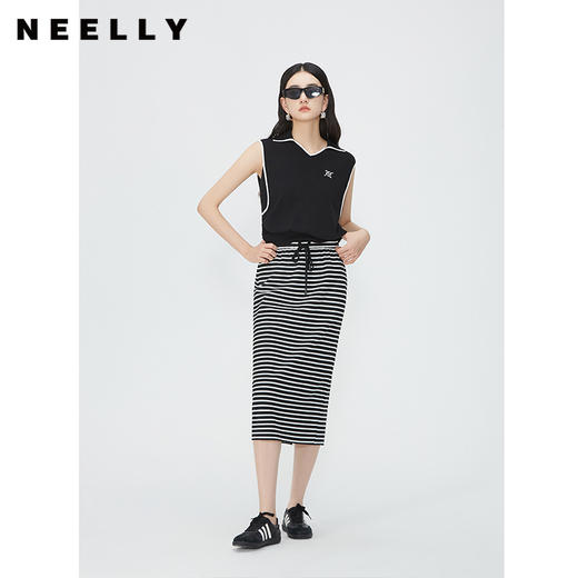 NEELLY纳俪商场同款夏新款翻领无袖背心T恤女小众撞色设计感上衣N25044A14437 商品图0