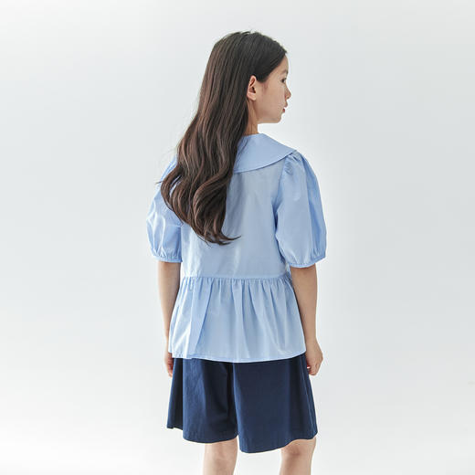 【代发】女款休闲小衫/短裤 棵初春夏款学院风套装蝴蝶领结短袖中大童上衣蓝色/短裤藏青色 商品图4