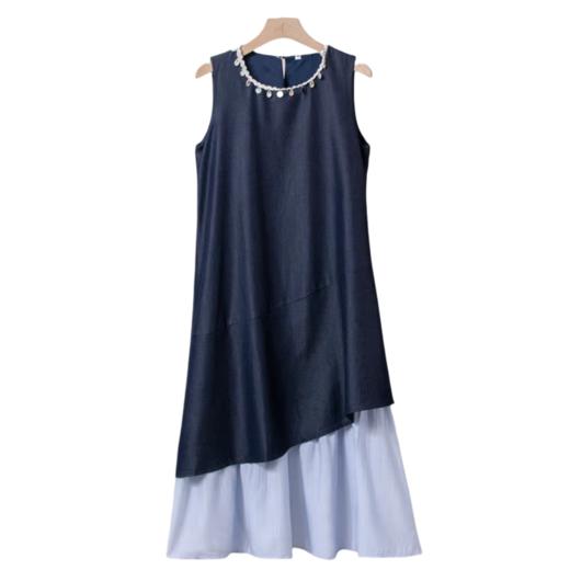 NORNS LADY诺恩 2025法式气质拼接连衣裙优雅设计显瘦长裙无袖背心裙夏季假两件裙子【赠腰带】QMYLMS2795 商品图5