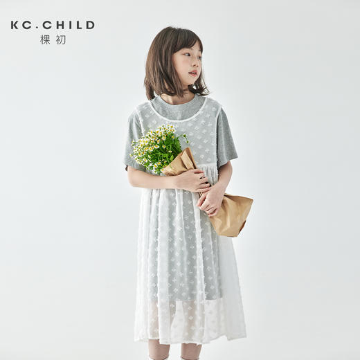 【代发】女童两件套连衣裙 棵初夏季款女童裙子叠穿长款T恤雪纺罩衫套装裙灰白色 商品图1