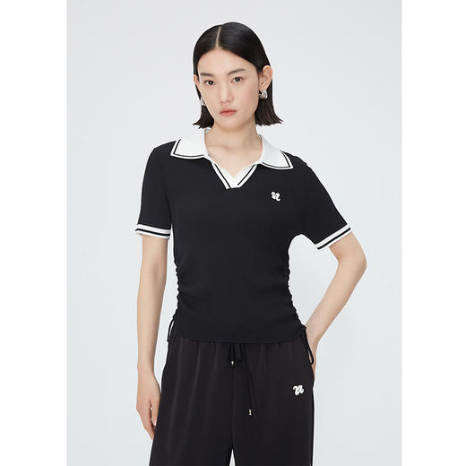 NEELLY纳俪商场同款夏新款撞色显瘦翻领短袖针织女V领五分袖上衣N25044A14420 商品图1