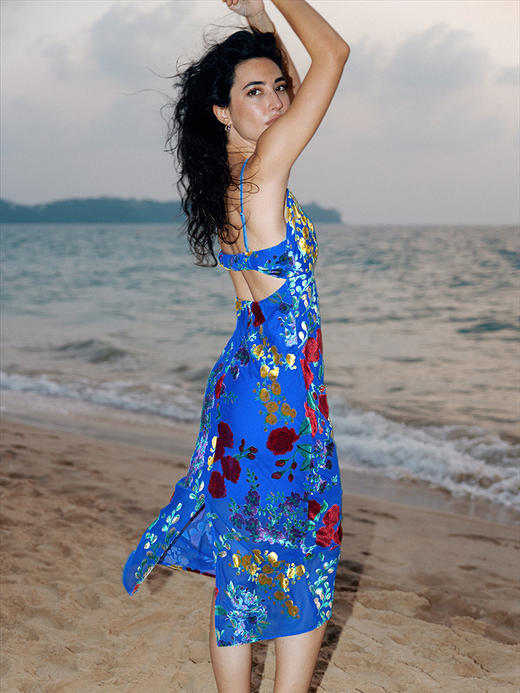 TR她热 致命女人 蓝色粉色丝绒烧花樱桃复古吊带辣妹显瘦连衣裙 蓝色L预售 商品图1