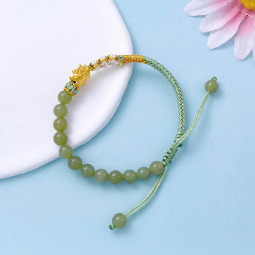 【限时7.5折】【定价黄金】足金 #微硬金  无氰5D硬金好事莲莲好运莲花和田玉青玉圆珠编织绳调节手链成品手串(AA5DSC00073) 商品图2