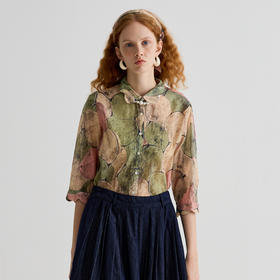 谜底衬衫分袖女2025夏款复古风通勤原创印花宽松H型衬衣252MC0622