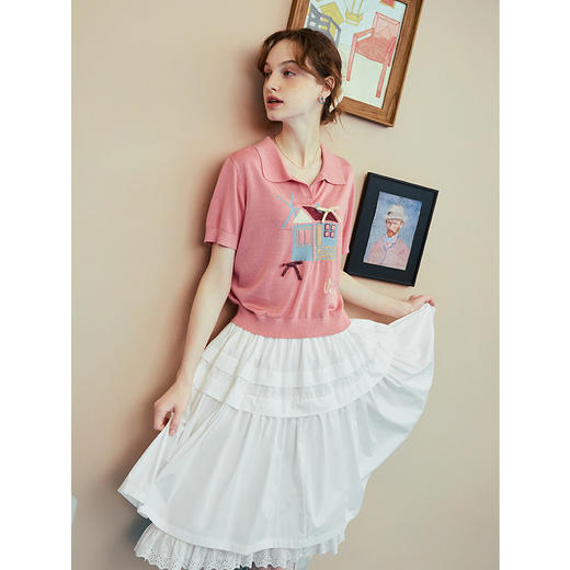 两三事梵高文艺糖屋环游2025夏季新款甜美polo领提花短款针织衫女 商品图1