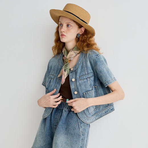 谜底外套短袖女2025夏季新品复古风宽松H型短款牛仔外套252MW0633 商品图1