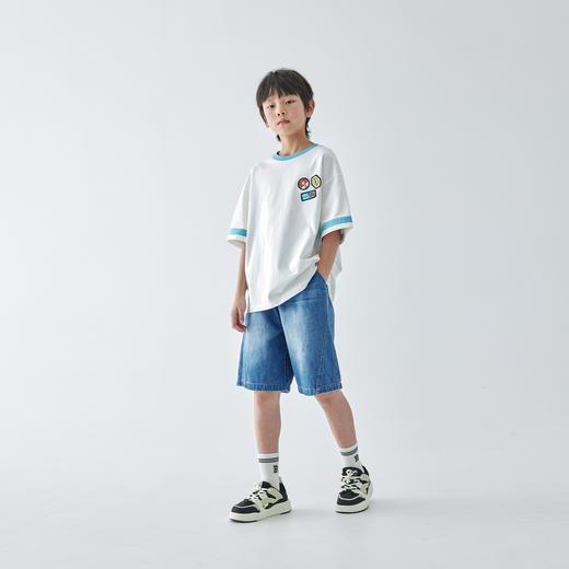 【代发】男童磨白牛仔五分裤 蓝汽水夏季水洗轻复古感侧缝插片拼接休闲短裤浅蓝色 商品图2