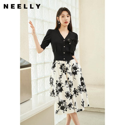 NEELLY纳俪商场同款夏季新款V领显瘦短袖针织衫女黑色修身上衣N25044A14409 商品图0