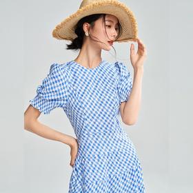 25夏季新款蓝白格子气质收腰连衣裙女设计感短袖高个子长裙18280