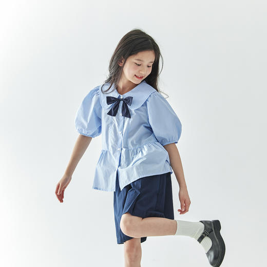 【代发】女款休闲小衫/短裤 棵初春夏款学院风套装蝴蝶领结短袖中大童上衣蓝色/短裤藏青色 商品图2