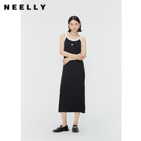 NEELLY纳俪商场同款夏季新款黑色吊带连衣裙女撞色简约气质长裙N25044Y04575