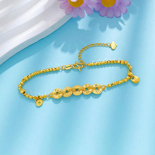 【限时克减150元】足金999 #碎碎冰 #招财纳福 （足金999字印）5G黄金调节福字胖福吊饰招财仿五帝币蹦迪珠手链(5GSL00756)预售产品下单后不退款不退货不换货不补差价 商品图1