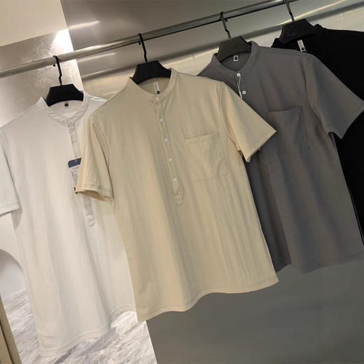 棉麻混纺！2025净色轻薄透气文艺休闲亨利领短袖衬衫上衣男 商品图3