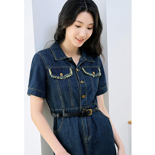 NEELLY纳俪商场同款夏季新款牛仔短袖连衣裙女港风小众工装风长裙N25044Y04557 商品图2
