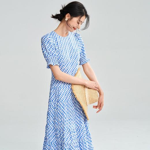 25夏季新款蓝白格子气质收腰连衣裙女设计感短袖高个子长裙18280 商品图2