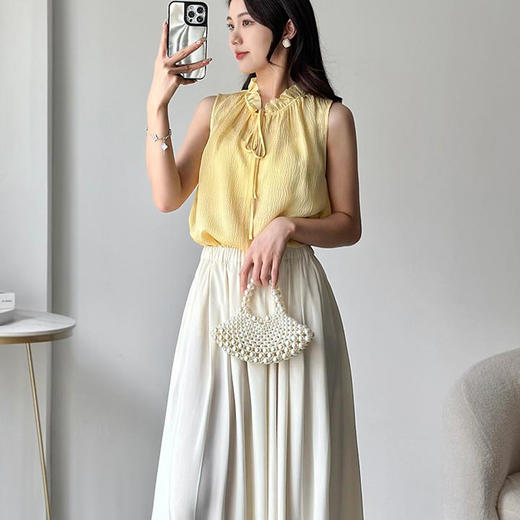 洛诗琳41841气质无袖真丝衬衫2025夏季木耳边绑带真丝上衣2988 商品图0