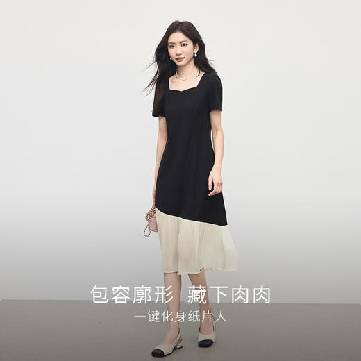 【周四狂欢价】熙世界2025年夏季新款女装法式赫本风方领撞色鱼尾拼接短袖连衣裙 商品图2