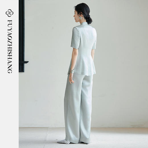 FUYAO扶摇 新中式国风套装女夏新款重磅醋酸立领西装直筒裤两件套 商品图4