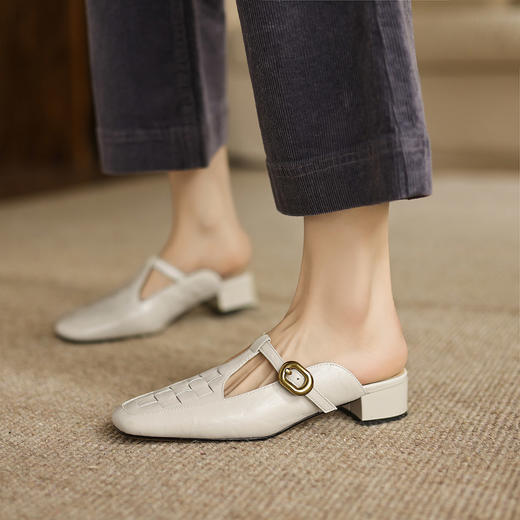 阿么手工女鞋一字带半拖女鞋外穿2025新款百搭小众真皮穆勒鞋3CM 商品图2