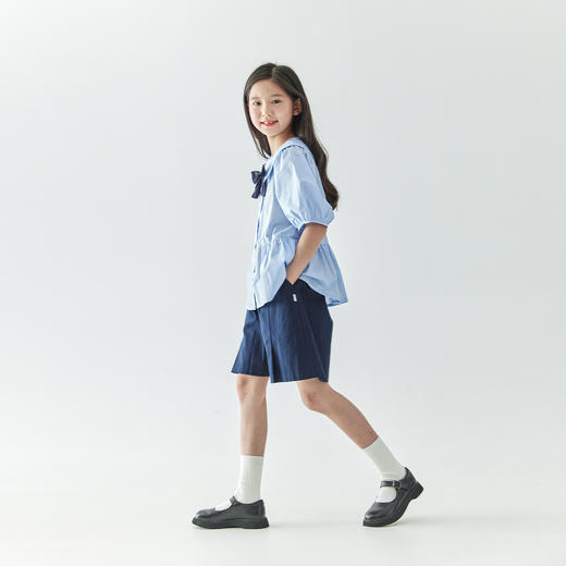【代发】女款休闲小衫/短裤 棵初春夏款学院风套装蝴蝶领结短袖中大童上衣蓝色/短裤藏青色 商品图3