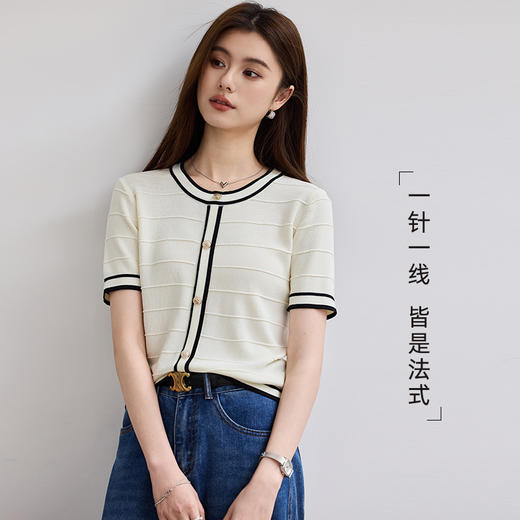 VICTORIA&VERA春季“巴黎叠色”小香风黑边冰丝针织短袖米白撞色法式气质上衣 商品图5