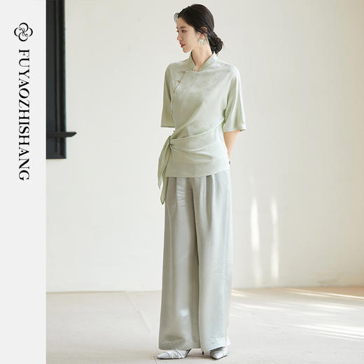 FUYAO扶摇 竹影提花衬衫直筒裤两件套2025夏新款醋酸缎面时尚套装 商品图5