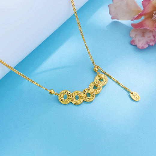 【限时克减150元】足金999 #招财纳福 #碎碎冰 古法实心碎碎金方孔金币仿碎碎冰五帝币流苏调节套链(YQGFTL00103)预售产品下单后不退款不退货不换货不补差价 商品图2