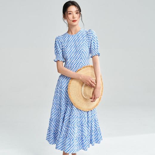 25夏季新款蓝白格子气质收腰连衣裙女设计感短袖高个子长裙18280 商品图4