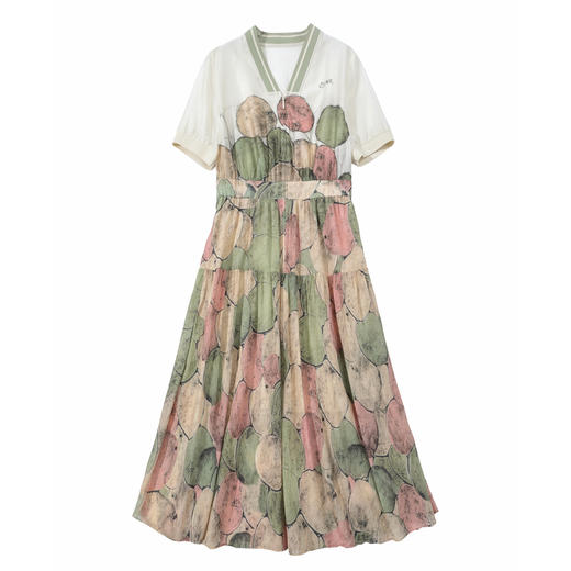 谜底连衣裙短袖女2025夏新品复古风度假印花合身X型长裙252ML0611 商品图4