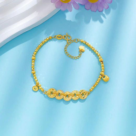 【限时克减150元】足金999 #碎碎冰 #招财纳福 （足金999字印）5G黄金调节福字胖福吊饰招财仿五帝币蹦迪珠手链(5GSL00756)预售产品下单后不退款不退货不换货不补差价 商品图0