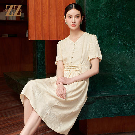 佐尔美夏季新款新中式国风时尚气质100%桑蚕丝连衣裙女M42LS42 商品图0